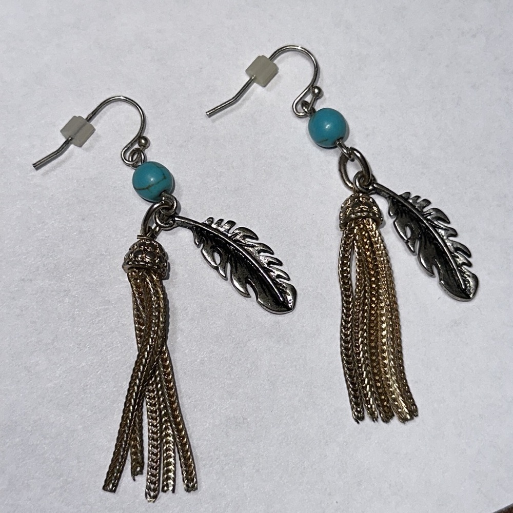 Tribal Inspired Turquoise and Feather Earrings - Picture 6 of 6